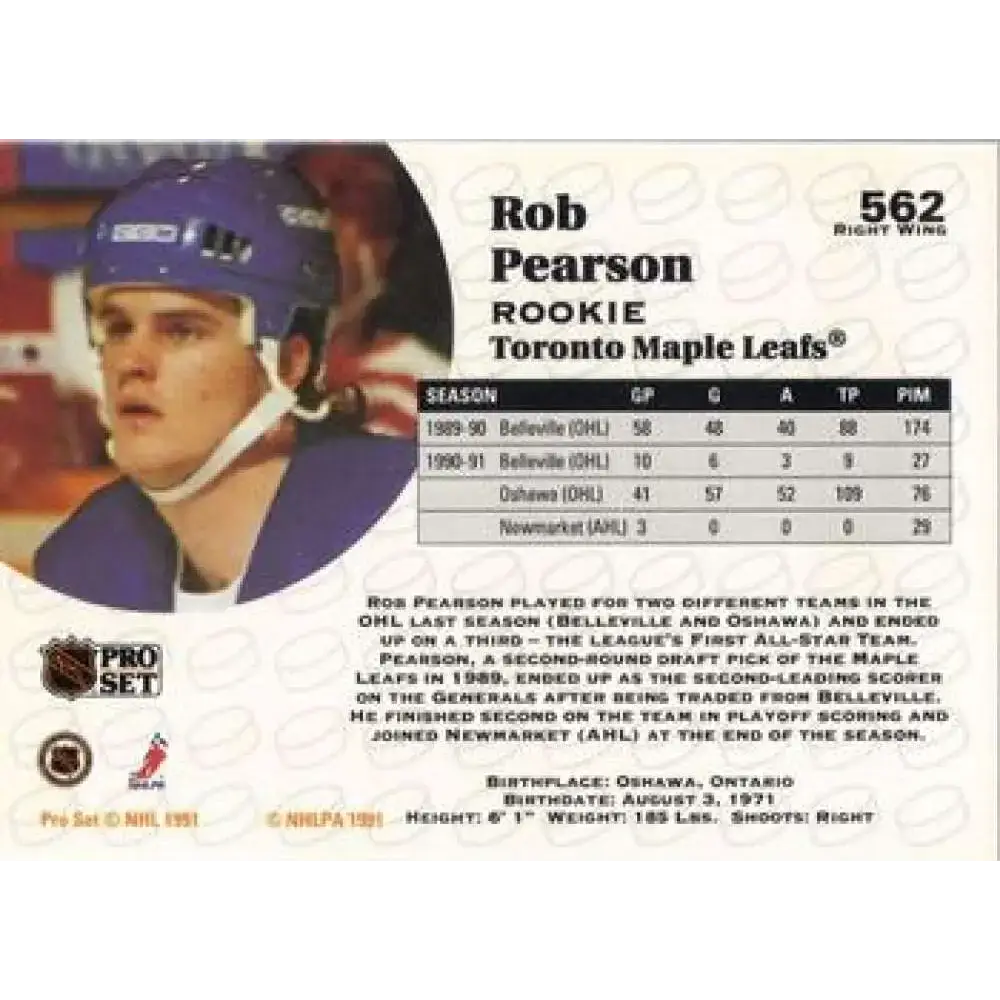 1991-92 Pro Set #562 Rob Pearson NM-MT RC Rookie Toronto Maple Leafs Hockey Card - Hockey Card Single