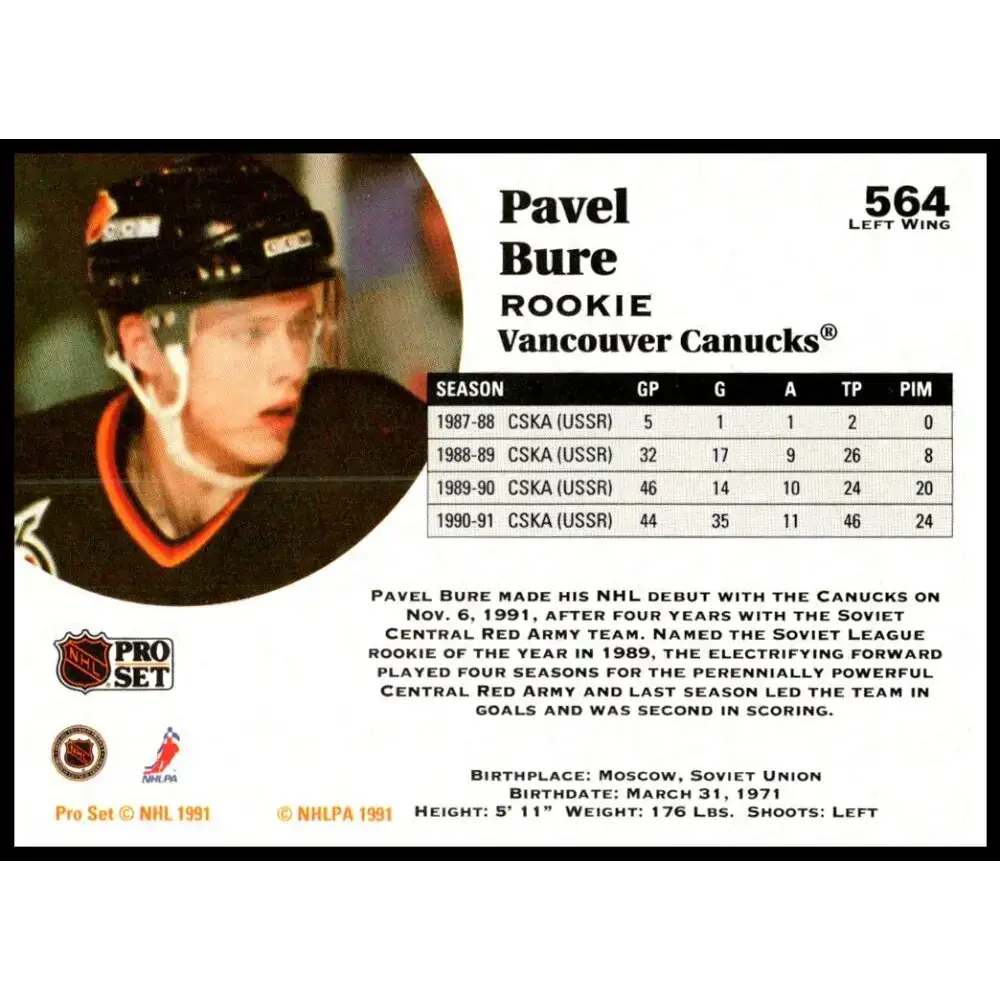 1991-92 Pro Set #564 Pavel Bure NM-MT Vancouver Canucks Hockey Card - Hockey Card Single