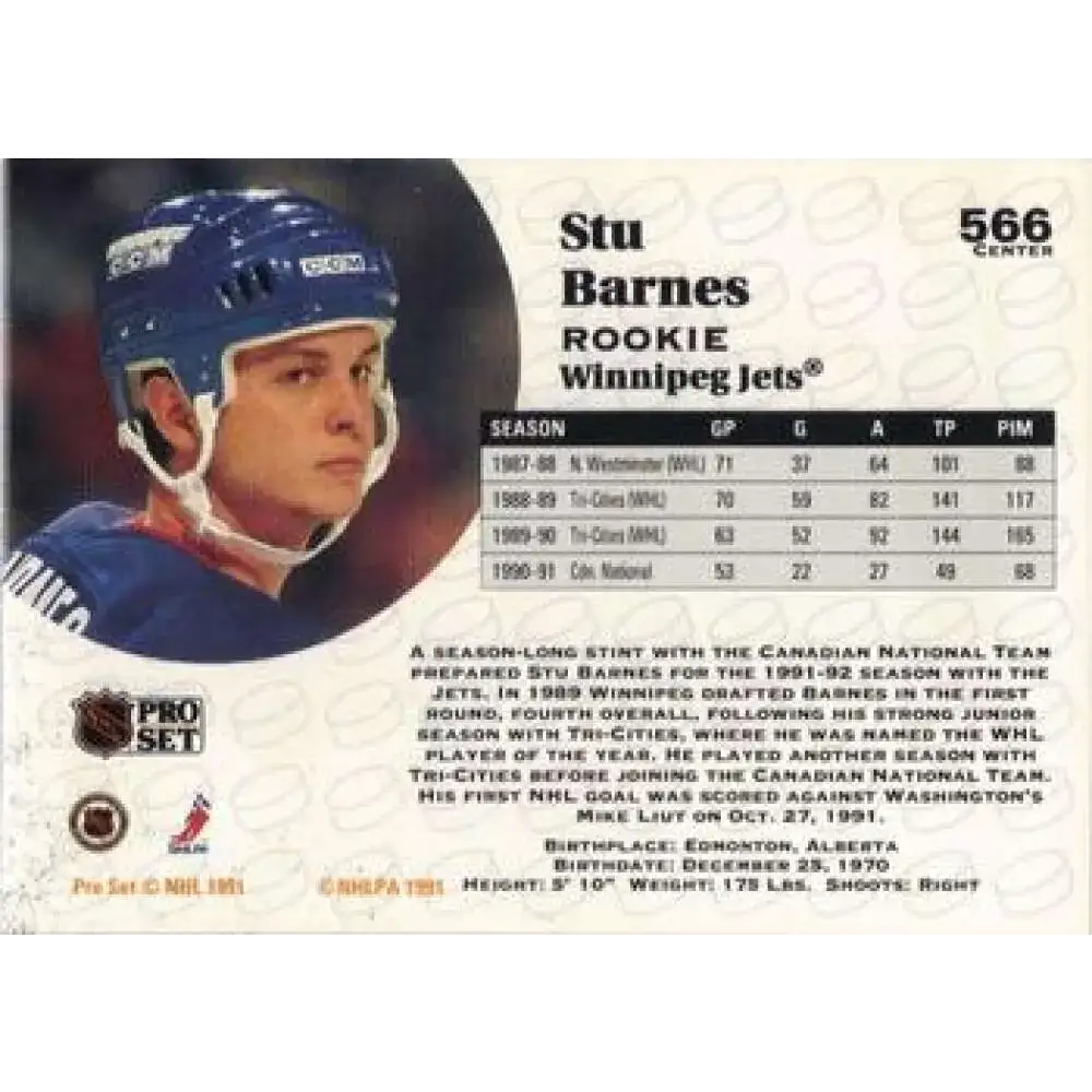 1991-92 Pro Set #566 Stu Barnes NM-MT Winnipeg Jets Hockey Card - Hockey Card Single