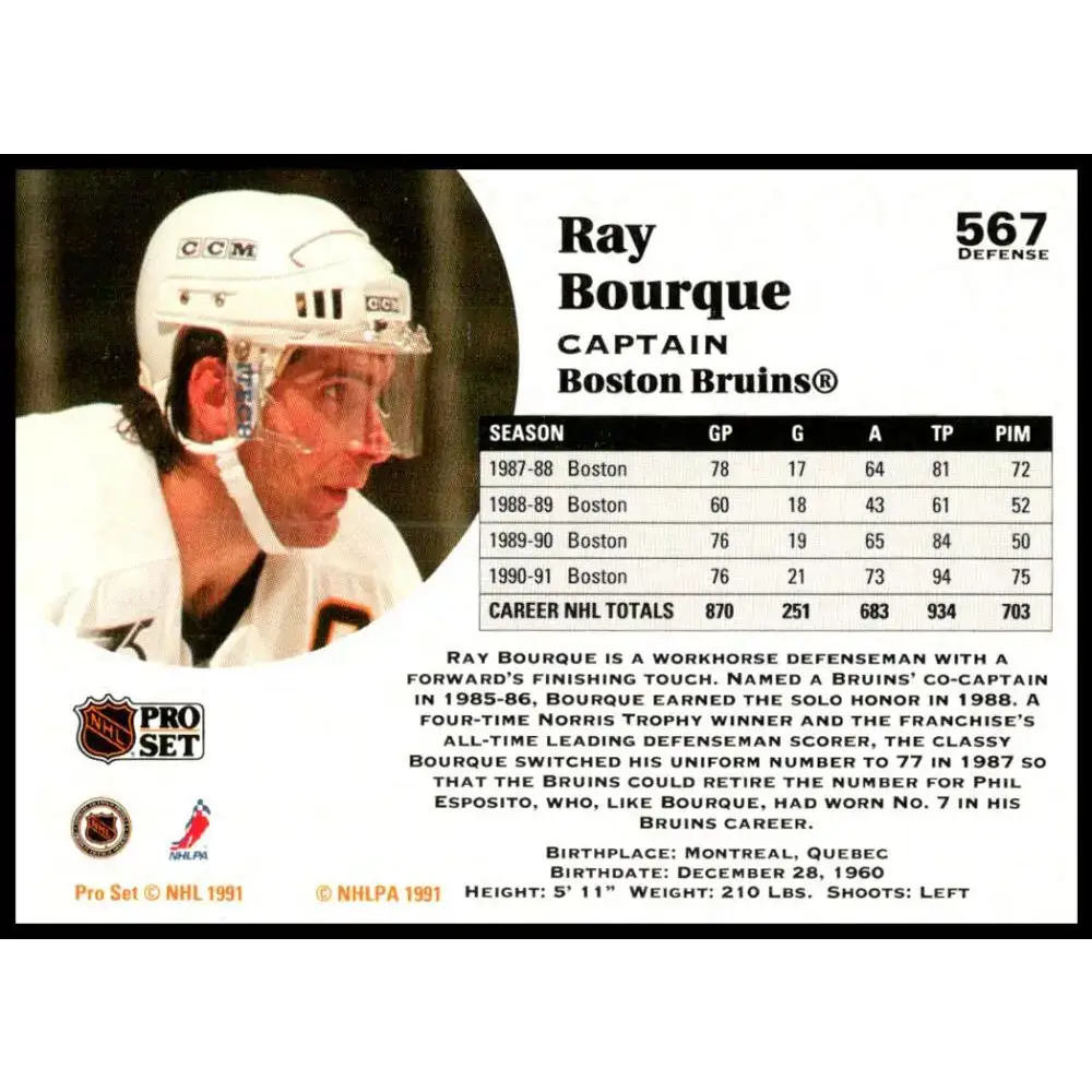 1991-92 Pro Set #567 Ray Bourque NM-MT Boston Bruins Hockey Card - Hockey Card Single