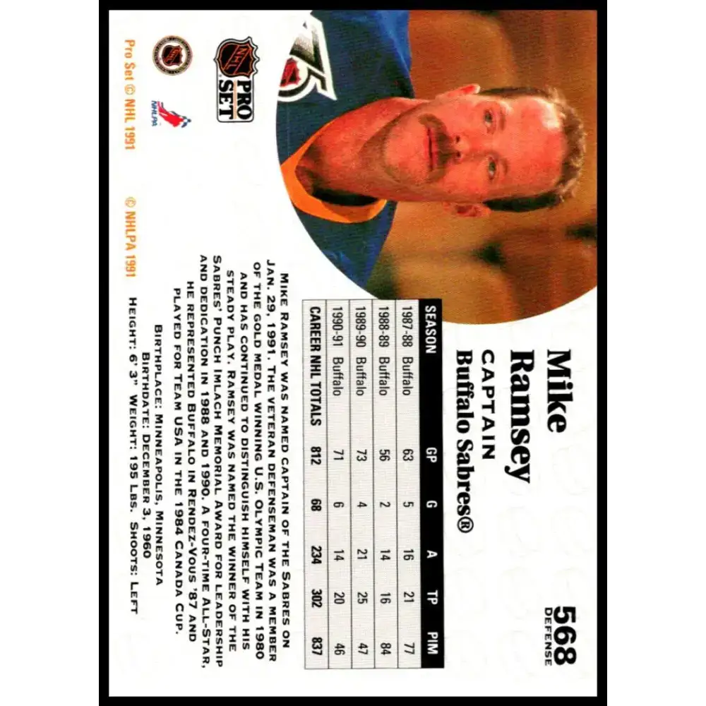 1991-92 Pro Set #568 Mike Ramsey NM-MT Buffalo Sabres Hockey Card - Hockey Card Single