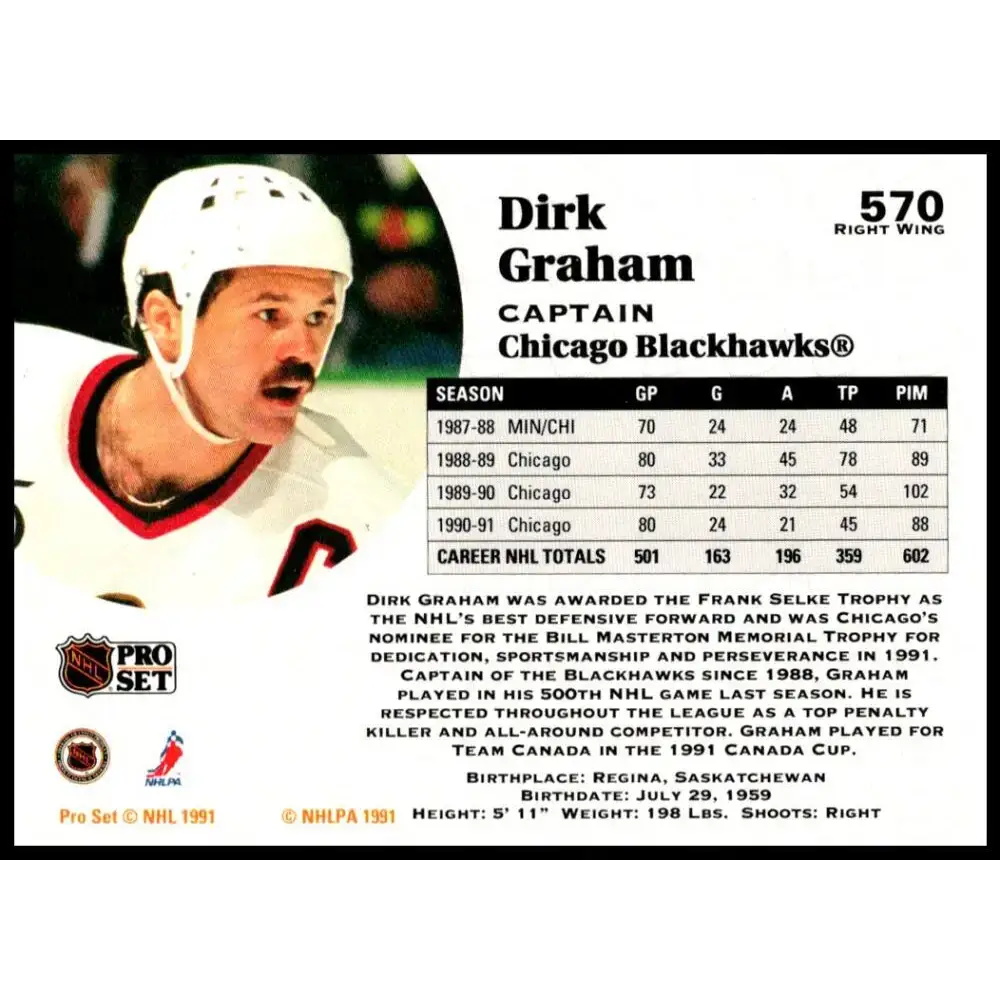 1991-92 Pro Set #570 Dirk Graham NM-MT Chicago Blackhawks Hockey Card - Hockey Card Single