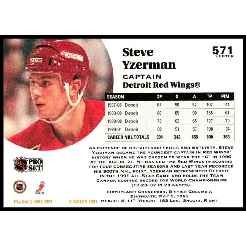1991-92 Pro Set #571 Steve Yzerman NM-MT Detroit Red Wings Hockey Card - Hockey Card Single