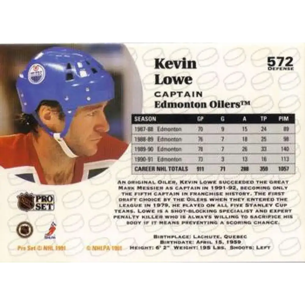 1991-92 Pro Set #572 Kevin Lowe NM-MT Edmonton Oilers Hockey Card - Hockey Card Single