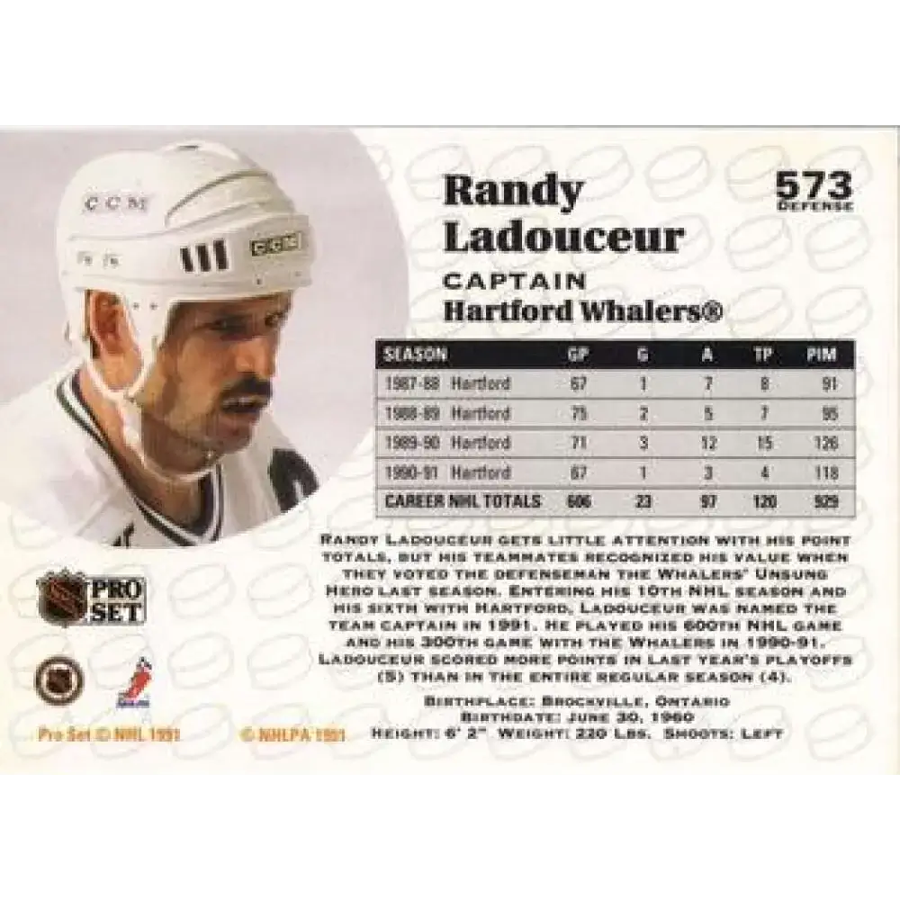 1991-92 Pro Set #573 Randy Ladouceur NM-MT Hartford Whalers Hockey Card - Hockey Card Single