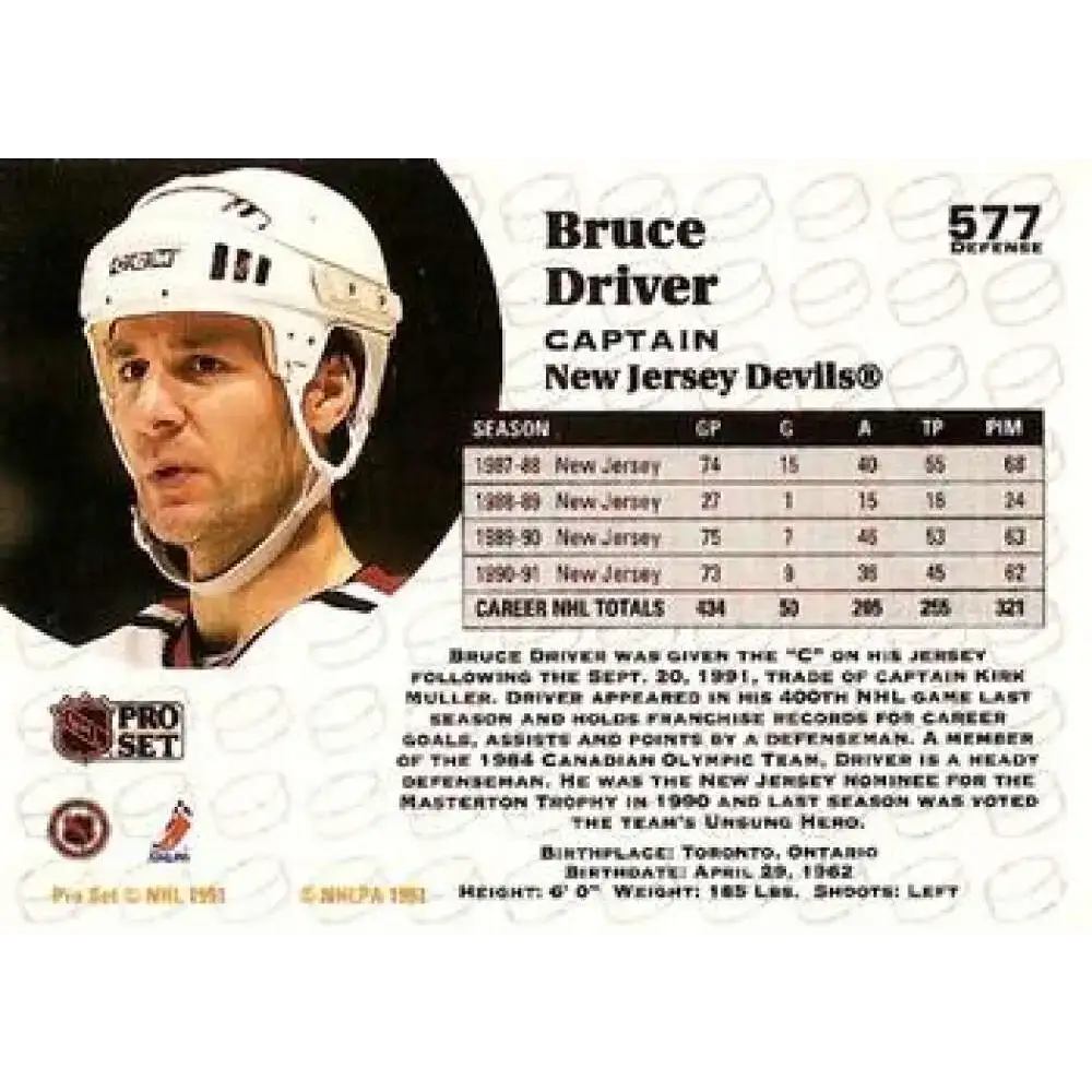 1991-92 Pro Set #577 Bruce Driver NM-MT New Jersey Devils Hockey Card - Hockey Card Single