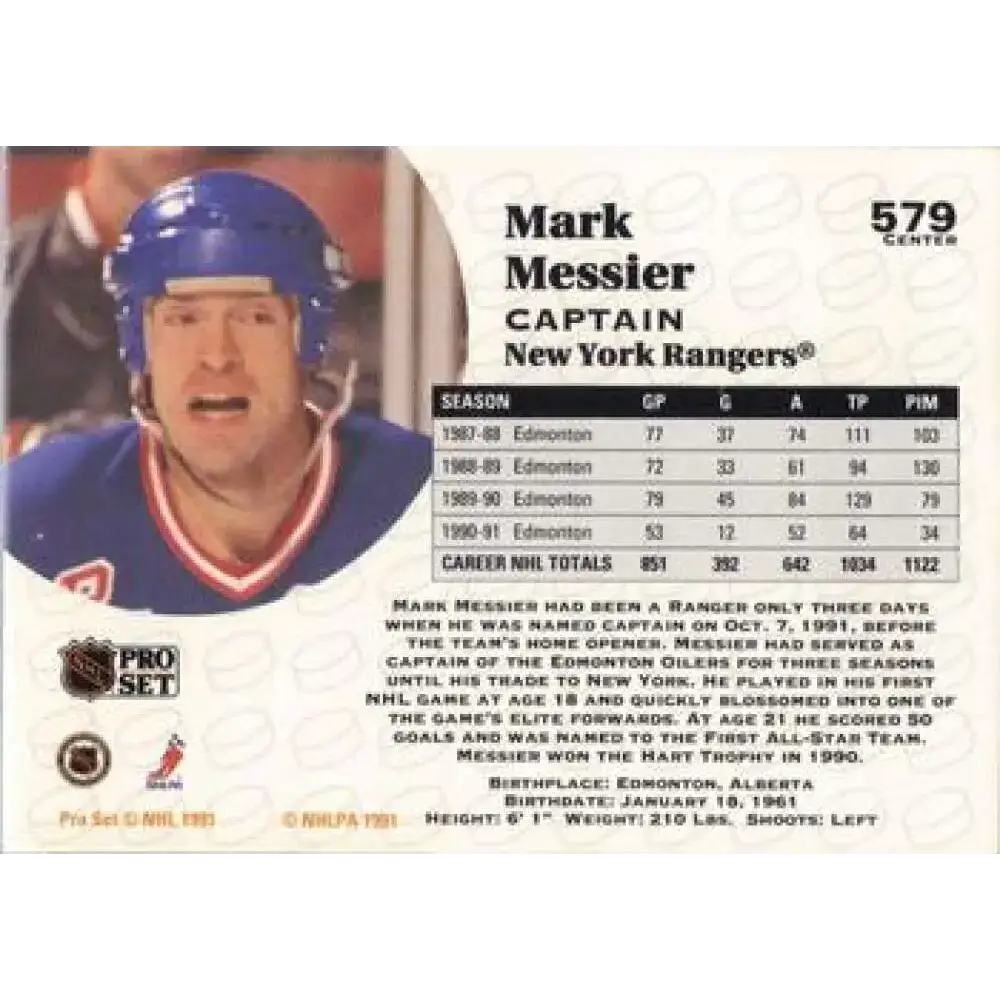 1991-92 Pro Set #579 Mark Messier NM-MT New York Rangers Hockey Card - Hockey Card Single