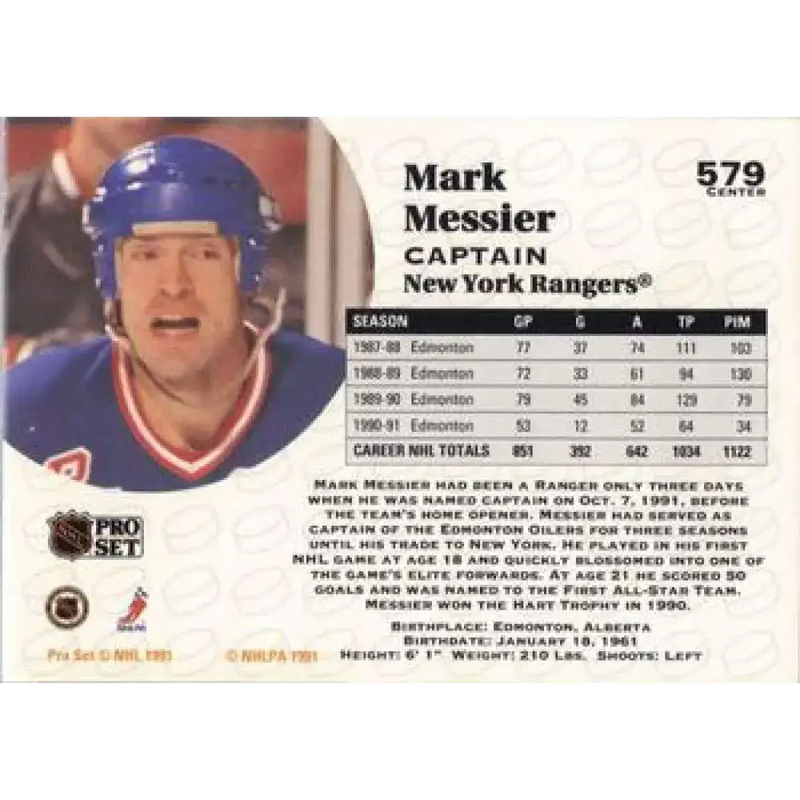 1991-92 Pro Set #579 Mark Messier NM-MT New York Rangers Hockey Card - Hockey Card Single
