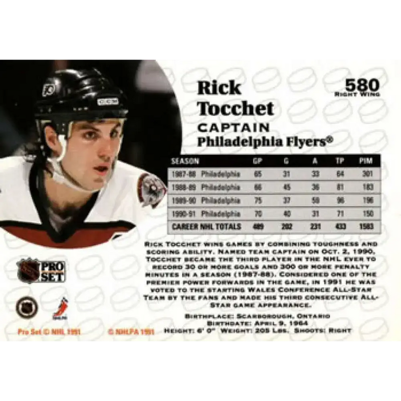 1991-92 Pro Set #580 Rick Tocchet NM-MT Philadelphia Flyers Hockey Card - Hockey Card Single