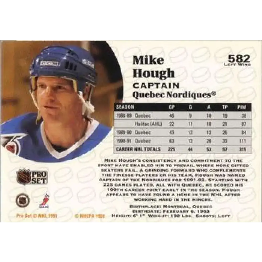 1991-92 Pro Set #582 Mike Hough NM-MT Quebec Nordiques Hockey Card - Hockey Card Single