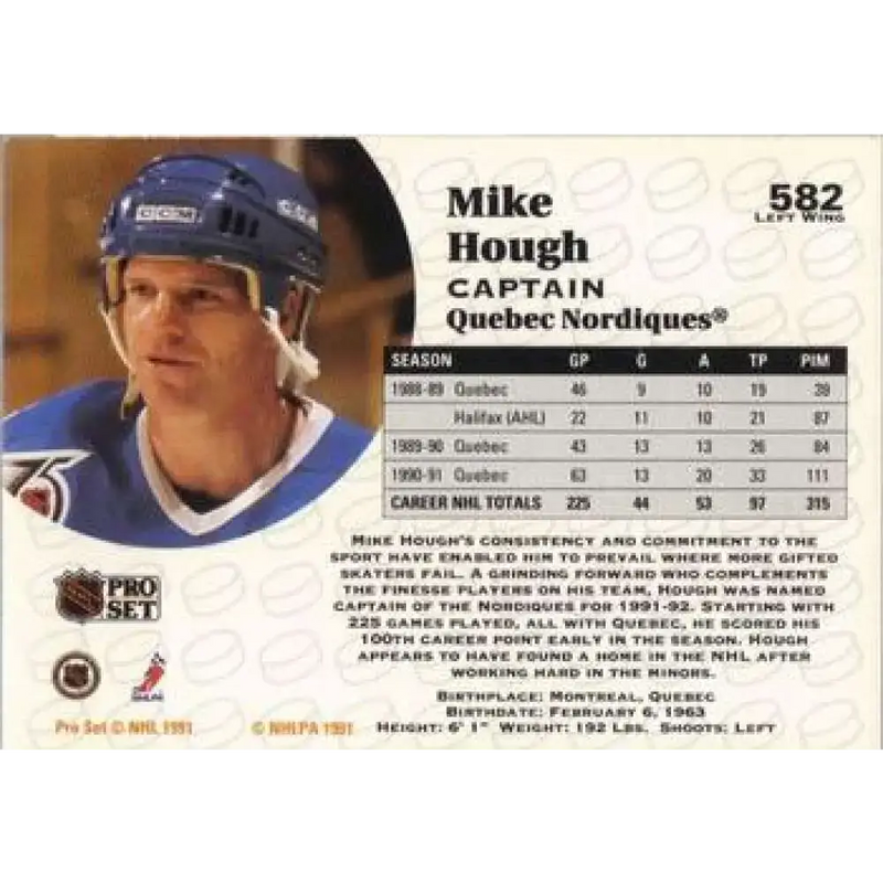 1991-92 Pro Set #582 Mike Hough NM-MT Quebec Nordiques Hockey Card - Hockey Card Single