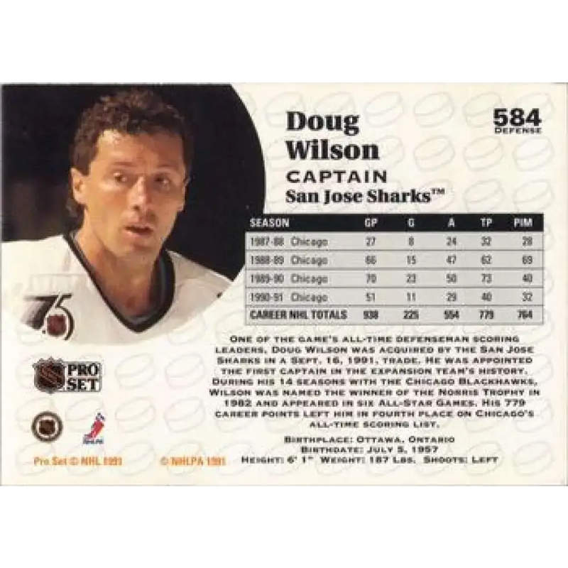 1991-92 Pro Set #584 Doug Wilson NM-MT San Jose Sharks Hockey Card - Hockey Card Single