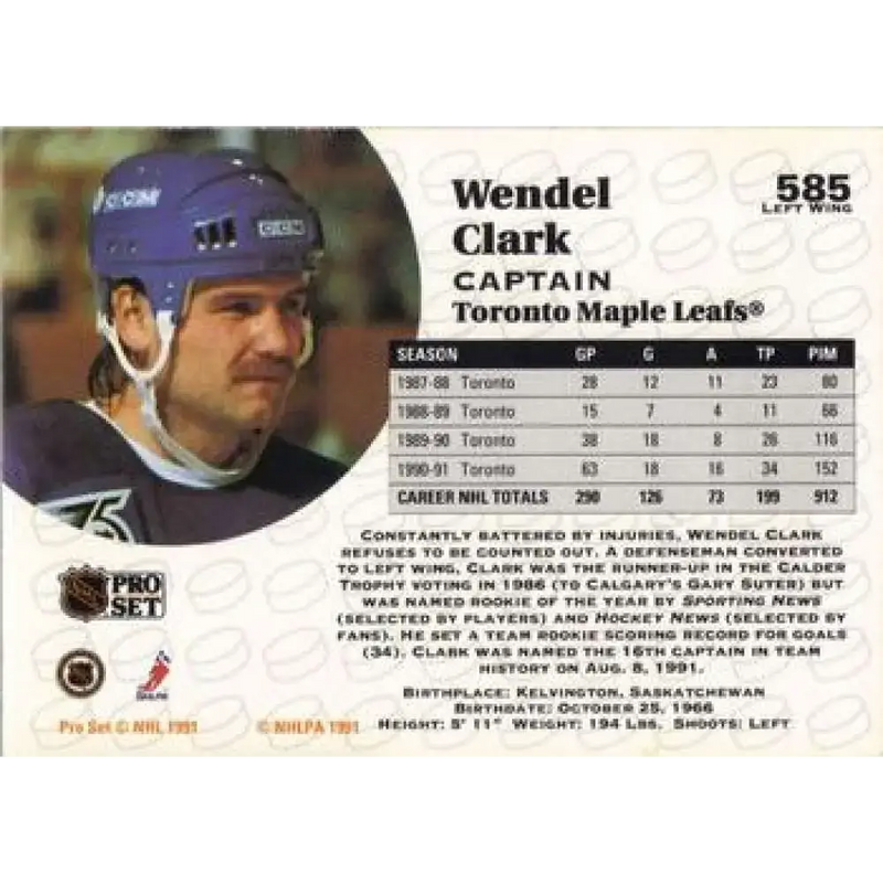 1991-92 Pro Set #585 Wendel Clark NM-MT Toronto Maple Leafs Hockey Card - Hockey Card Single