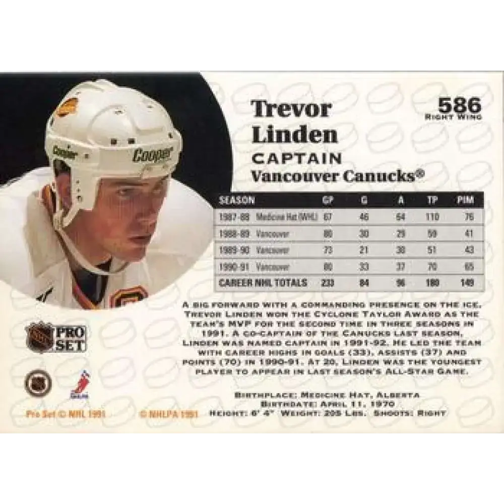 1991-92 Pro Set #586 Trevor Linden NM-MT Vancouver Canucks Hockey Card - Hockey Card Single