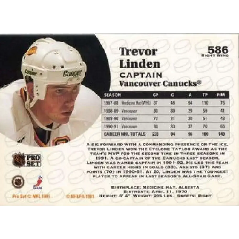 1991-92 Pro Set #586 Trevor Linden NM-MT Vancouver Canucks Hockey Card - Hockey Card Single