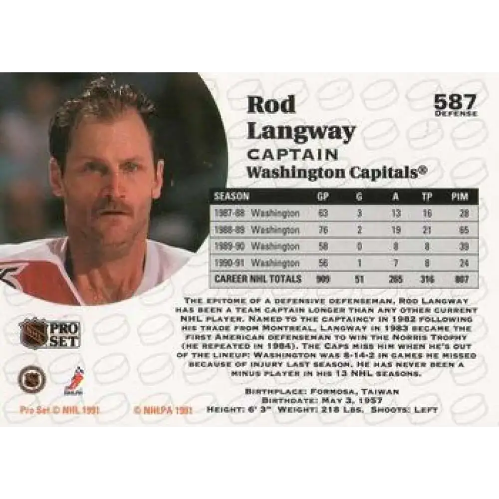 1991-92 Pro Set #587 Rod Langway NM-MT Washington Capitals Hockey Card - Hockey Card Single