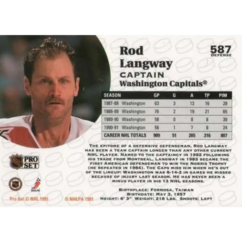 1991-92 Pro Set #587 Rod Langway NM-MT Washington Capitals Hockey Card - Hockey Card Single