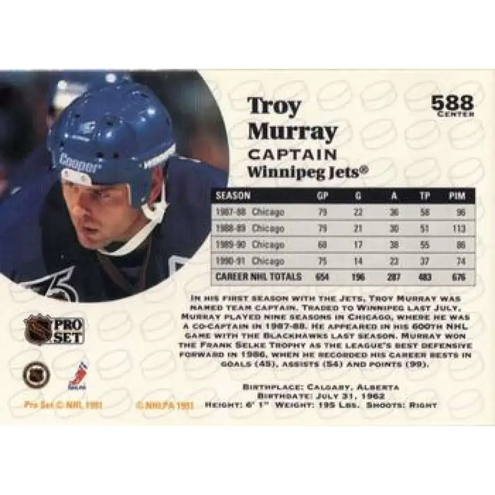 1991-92 Pro Set #588 Troy Murray NM-MT Winnipeg Jets Hockey Card - Hockey Card Single