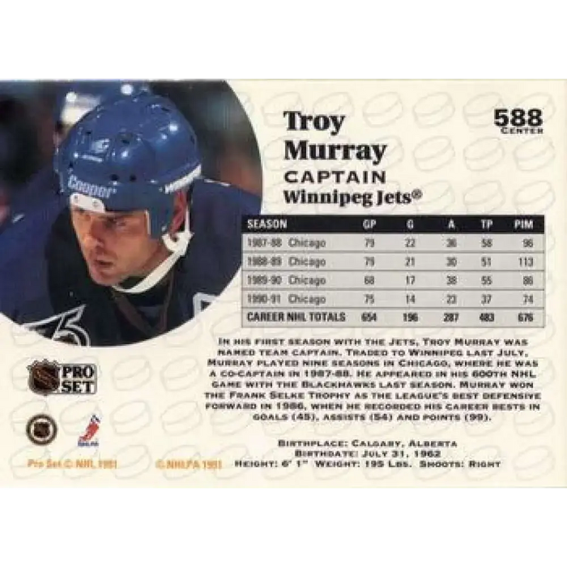 1991-92 Pro Set #588 Troy Murray NM-MT Winnipeg Jets Hockey Card - Hockey Card Single