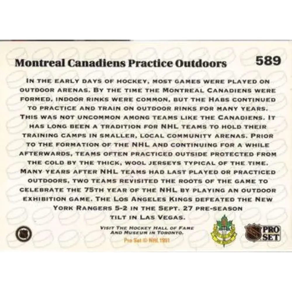 1991-92 Pro Set #589 Practicing Outdoors NM-MT Hockey Card - Hockey Card Single