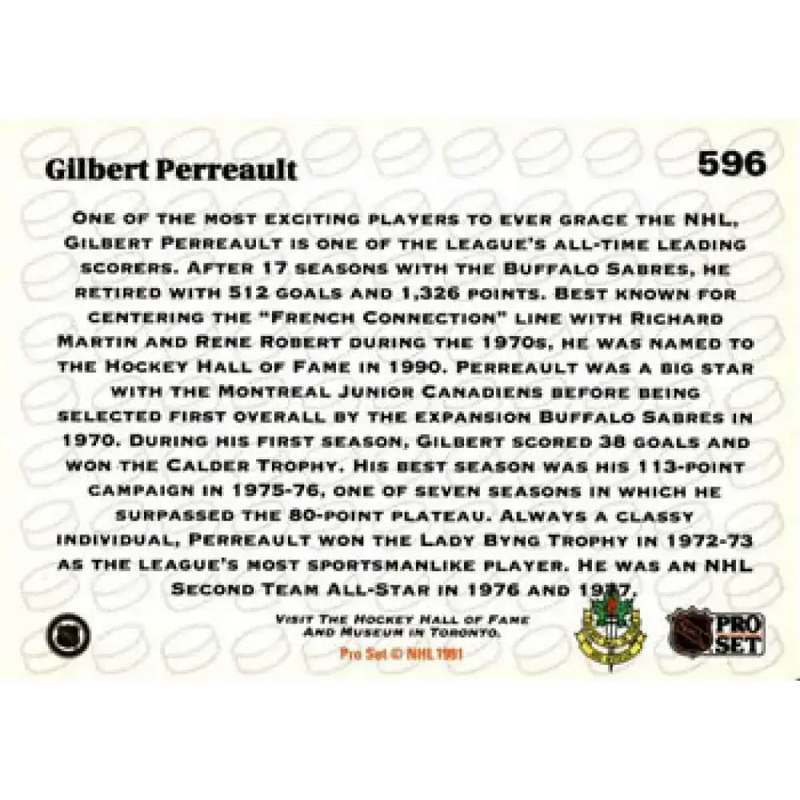 1991-92 Pro Set #596 Gilbert Perreault NM-MT Buffalo Sabres Hockey Card - Hockey Card Single