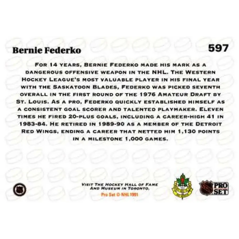 1991-92 Pro Set #597 Bernie Federko NM-MT St. Louis Blues Hockey Card - Hockey Card Single