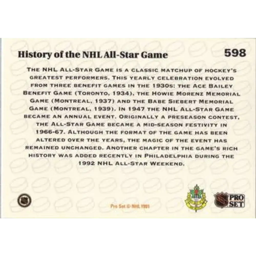 1991-92 Pro Set #598 All-Star Game NM-MT Hockey Card - Hockey Card Single
