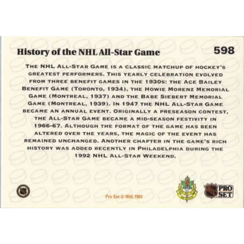 1991-92 Pro Set #598 All-Star Game NM-MT Hockey Card - Hockey Card Single