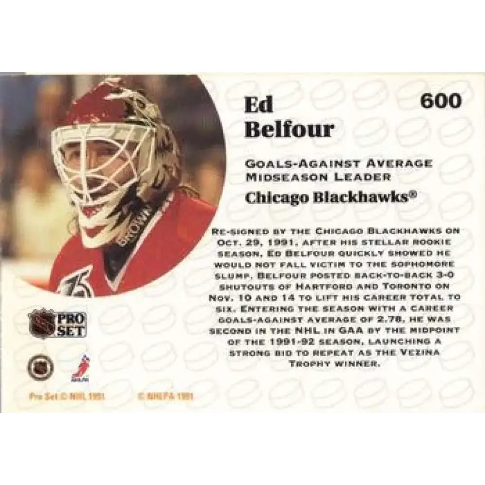 1991-92 Pro Set #600 Ed Belfour LL NM-MT Chicago Blackhawks Hockey Card - Hockey Card Single