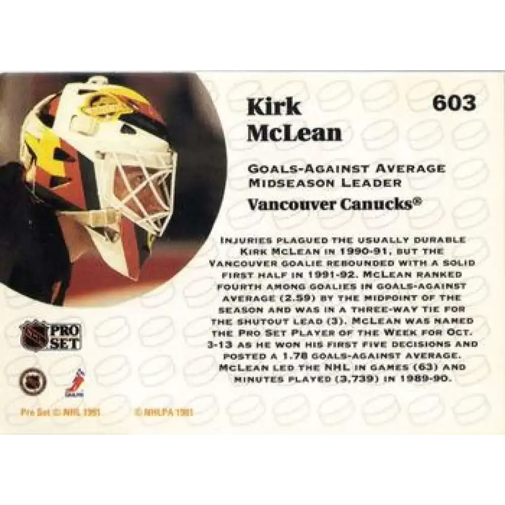 1991-92 Pro Set #603 Kirk McLean UER LL NM-MT Vancouver Canucks Hockey Card - Hockey Card Single