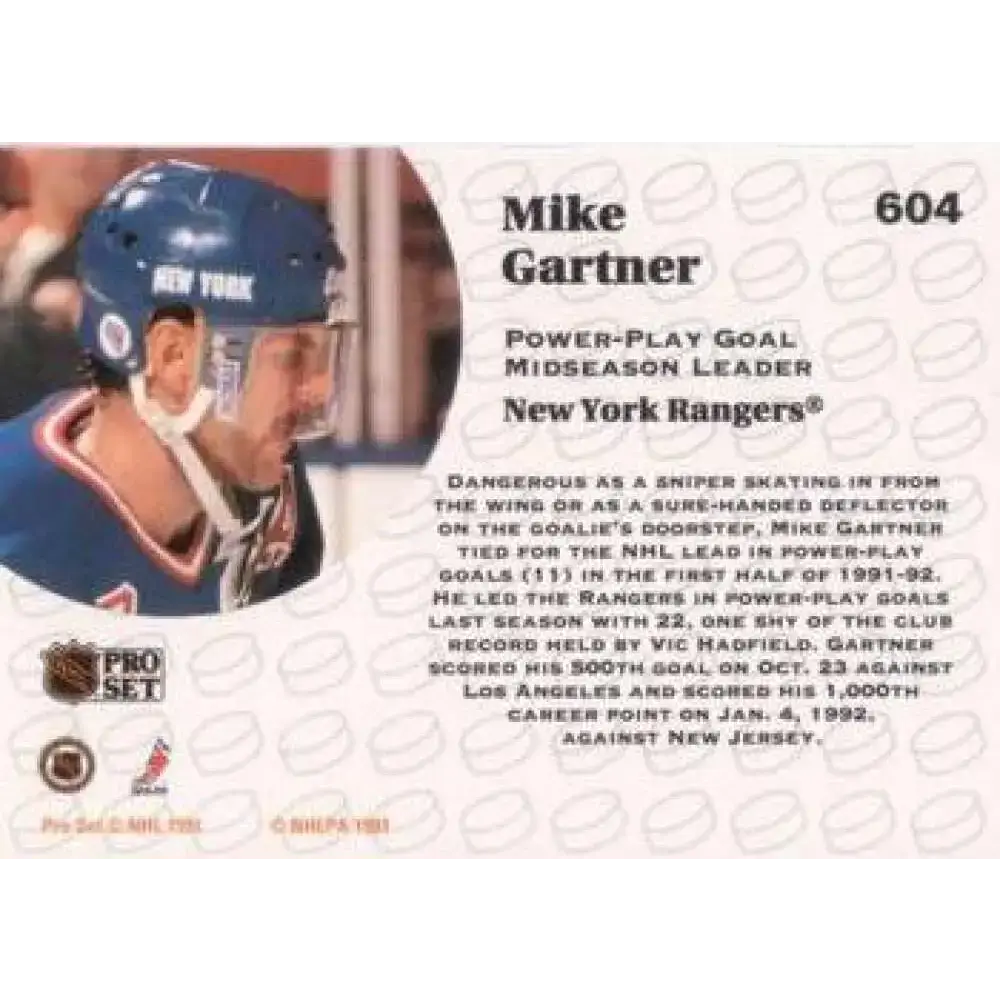 1991-92 Pro Set #604 Mike Gartner LL NM-MT New York Rangers Hockey Card - Hockey Card Single