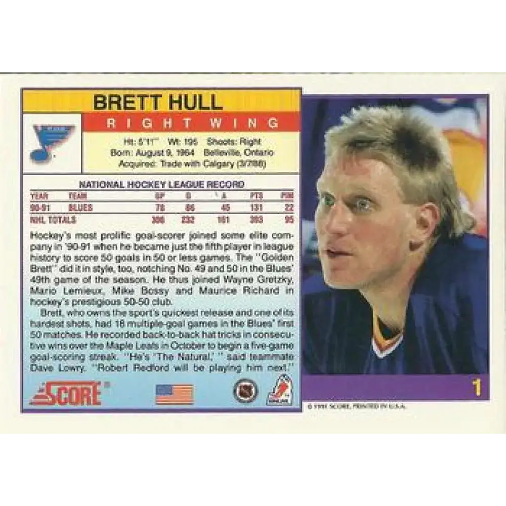 1991-92 Score American #1 Brett Hull NM-MT St. Louis Blues Hockey Card - Hockey Card Single