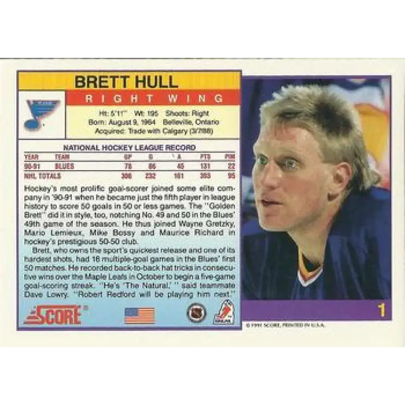 1991-92 Score American #1 Brett Hull NM-MT St. Louis Blues Hockey Card - Hockey Card Single
