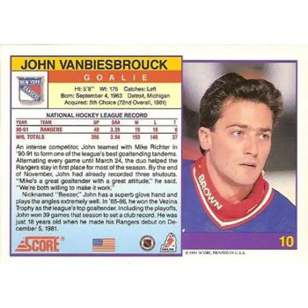 1991-92 Score American #10 John Vanbiesbrouck NM-MT New York Rangers Hockey Card - Hockey Card Single