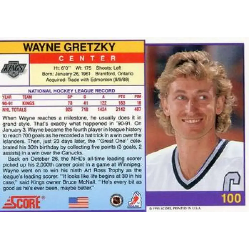 1991-92 Score American #100 Wayne Gretzky NM-MT Los Angeles Kings Hockey Card - Hockey Card Single