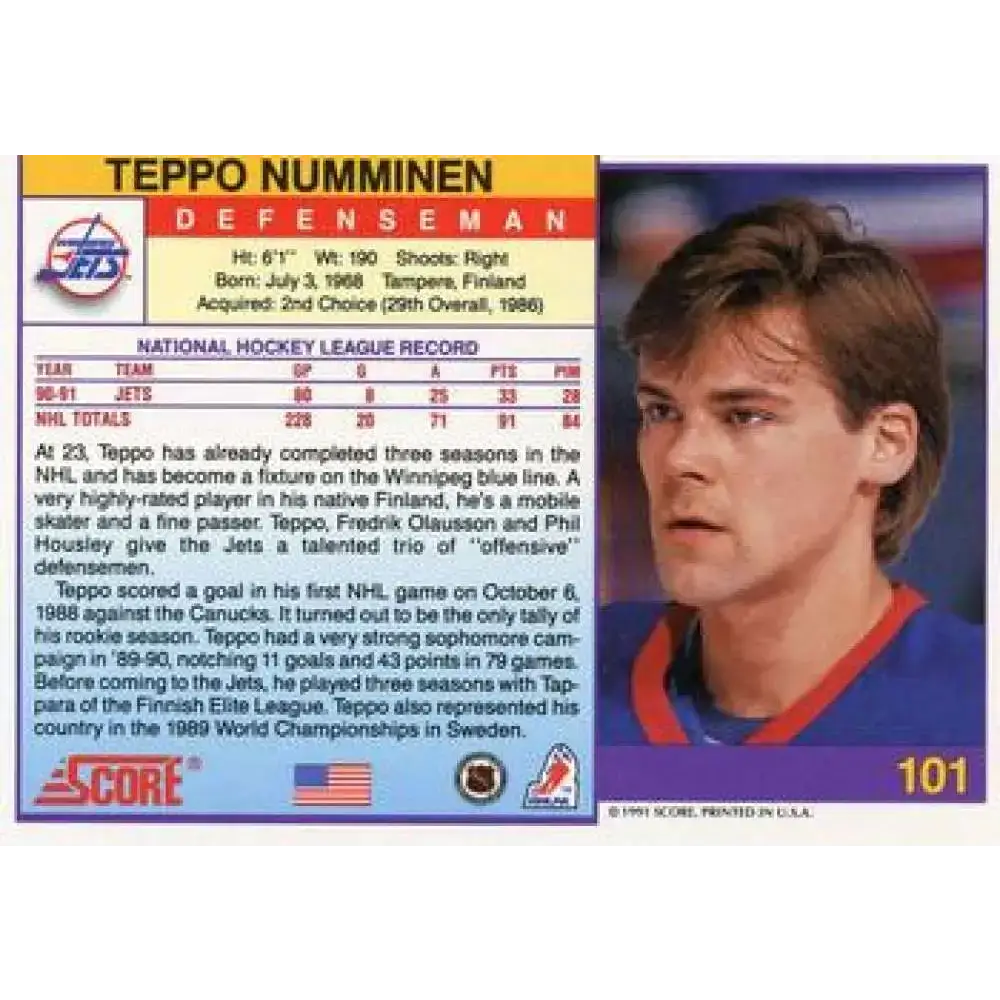 1991-92 Score American #101 Teppo Numminen NM-MT Winnipeg Jets Hockey Card - Hockey Card Single