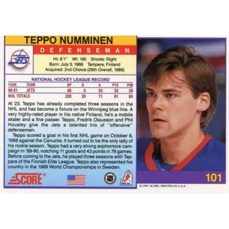 1991-92 Score American #101 Teppo Numminen NM-MT Winnipeg Jets Hockey Card - Hockey Card Single