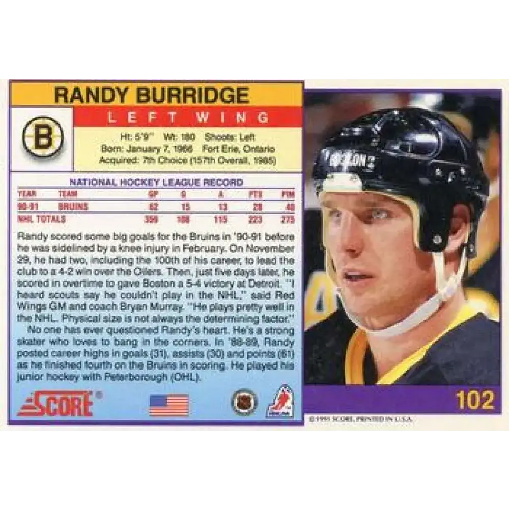 1991-92 Score American #102 Randy Burridge NM-MT Boston Bruins Hockey Card - Hockey Card Single