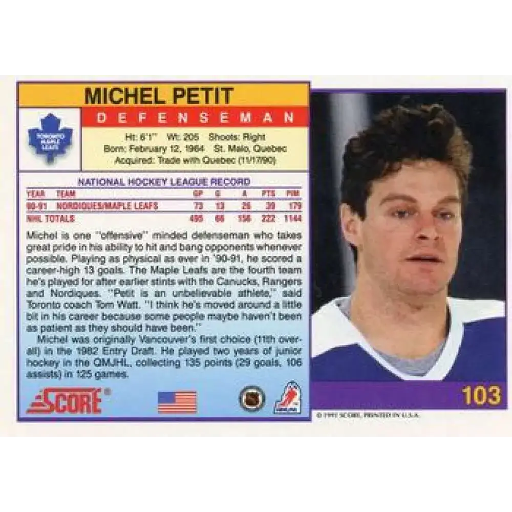 1991-92 Score American #103 Michel Petit NM-MT Toronto Maple Leafs Hockey Card
