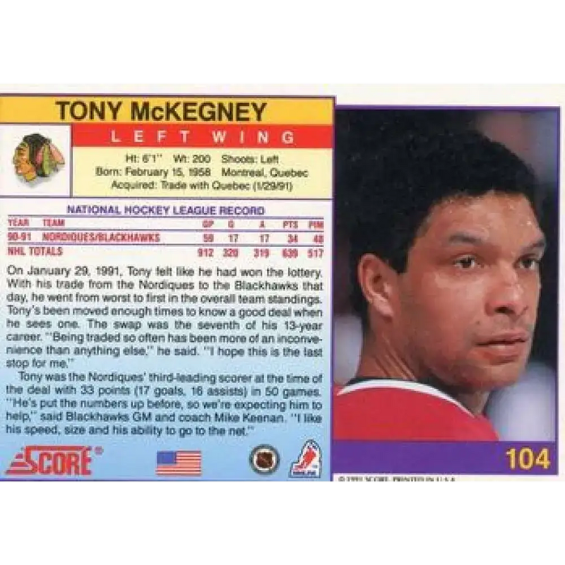 1991-92 Score American #104 Tony McKegney NM-MT Chicago Blackhawks Hockey Card