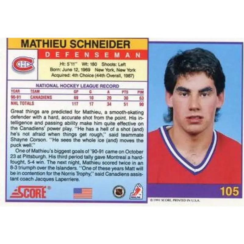 1991-92 Score American #105 Mathieu Schneider NM-MT Montreal Canadiens Hockey Card - Hockey Card Single