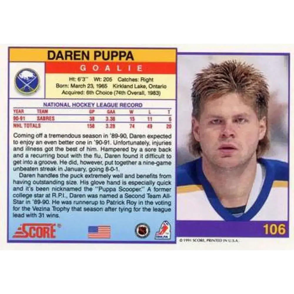 1991-92 Score American #106 Daren Puppa NM-MT Montreal Canadiens Hockey Card - Hockey Card Single