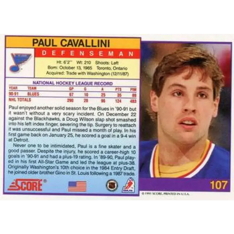 1991-92 Score American #107 Paul Cavallini NM-MT St. Louis Blues Hockey Card - Hockey Card Single