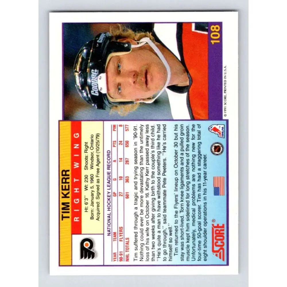 1991-92 Score American #108 Tim Kerr NM-MT Philadelphia Flyers Hockey Card - Hockey Card Single
