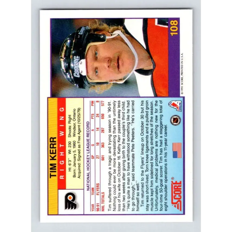 1991-92 Score American #108 Tim Kerr NM-MT Philadelphia Flyers Hockey Card - Hockey Card Single