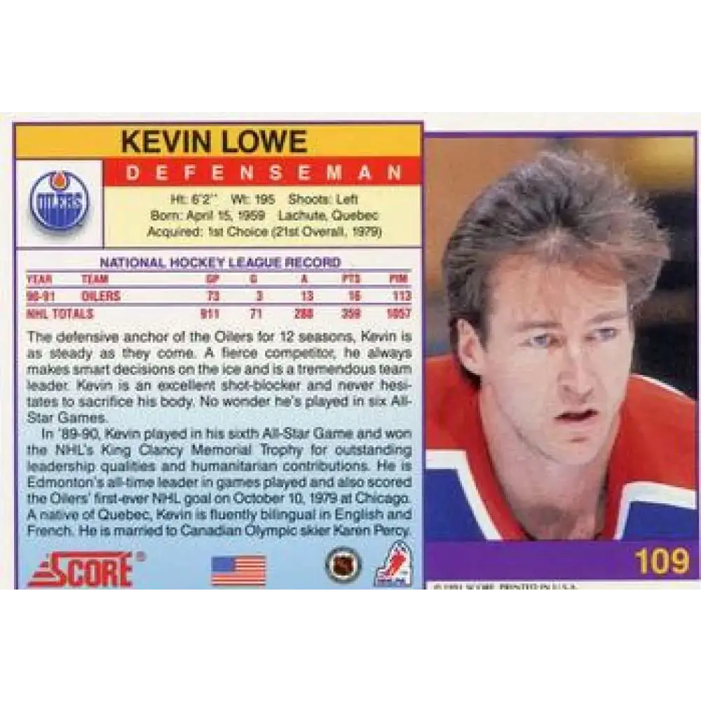 1991-92 Score American #109 Kevin Lowe NM-MT Edmonton Oilers Hockey Card - Hockey Card Single