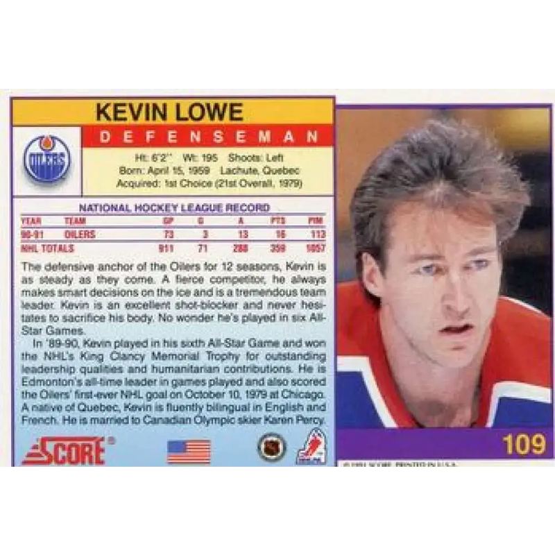 1991-92 Score American #109 Kevin Lowe NM-MT Edmonton Oilers Hockey Card - Hockey Card Single