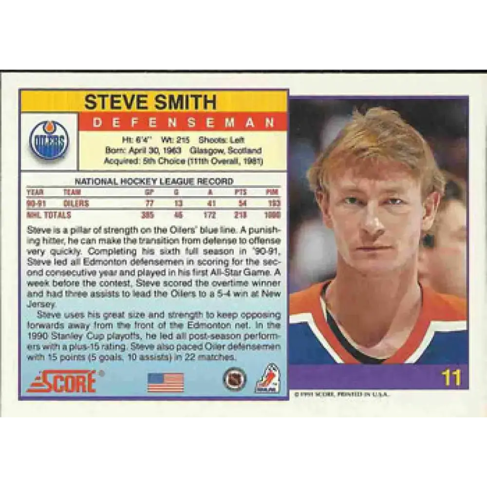 1991-92 Score American #11 Steve Smith NM-MT Edmonton Oilers Hockey Card - Hockey Card Single