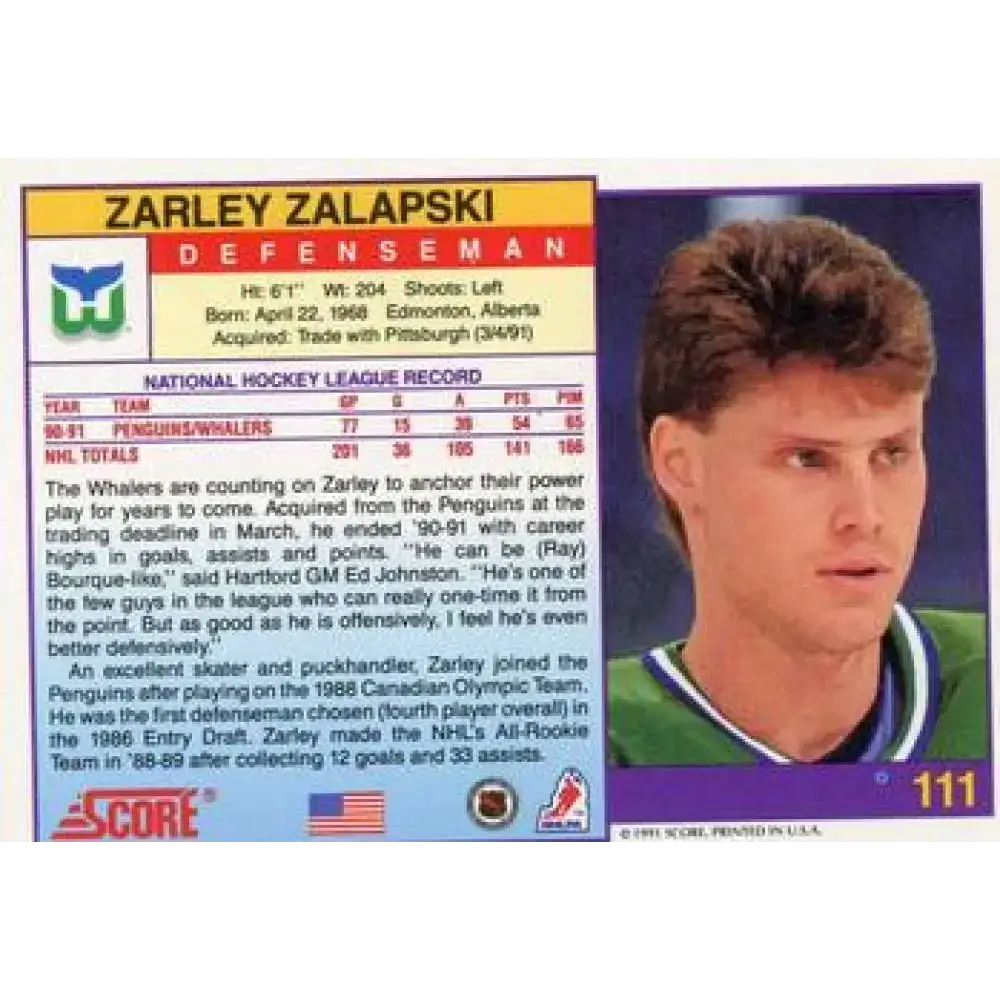 1991-92 Score American #111 Zarley Zalapski NM-MT Hartford Whalers Hockey Card - Hockey Card Single