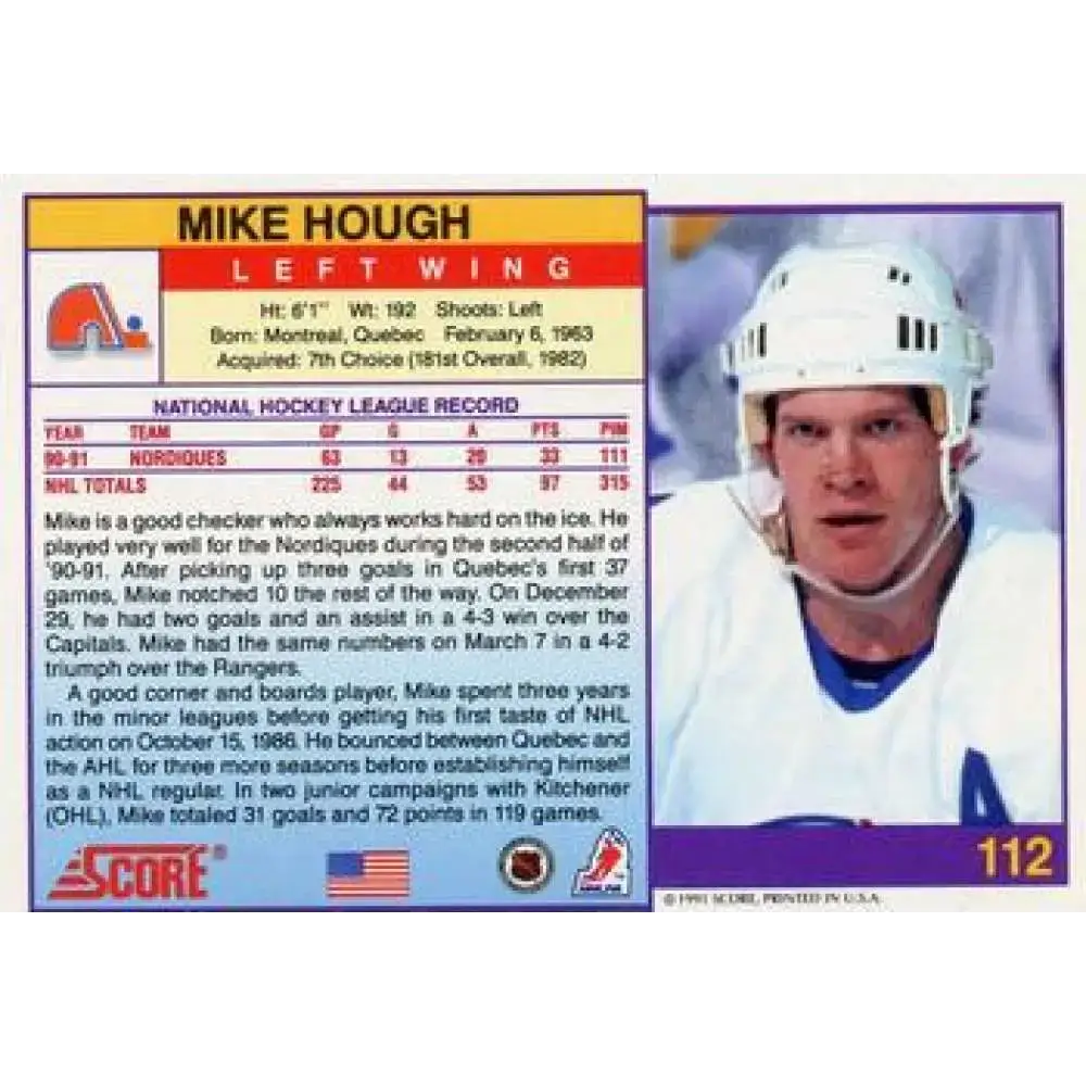 1991-92 Score American #112 Mike Hough NM-MT Quebec Nordiques Hockey Card - Hockey Card Single